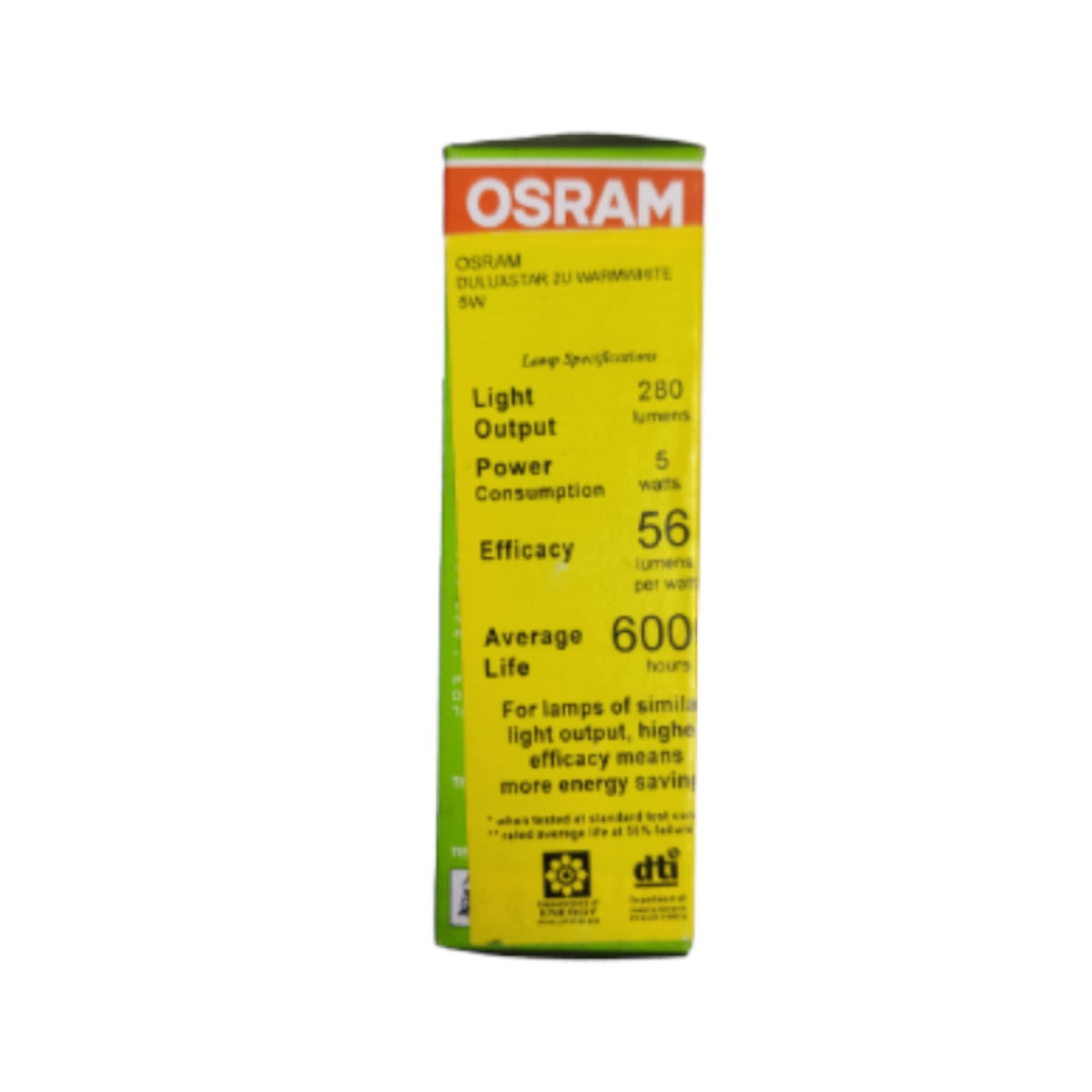 A yellow and green OSRAM 9W compact fluorescent light (CFL) replacement bulb packaging sleeve, displaying technical specifications on a plain white background.