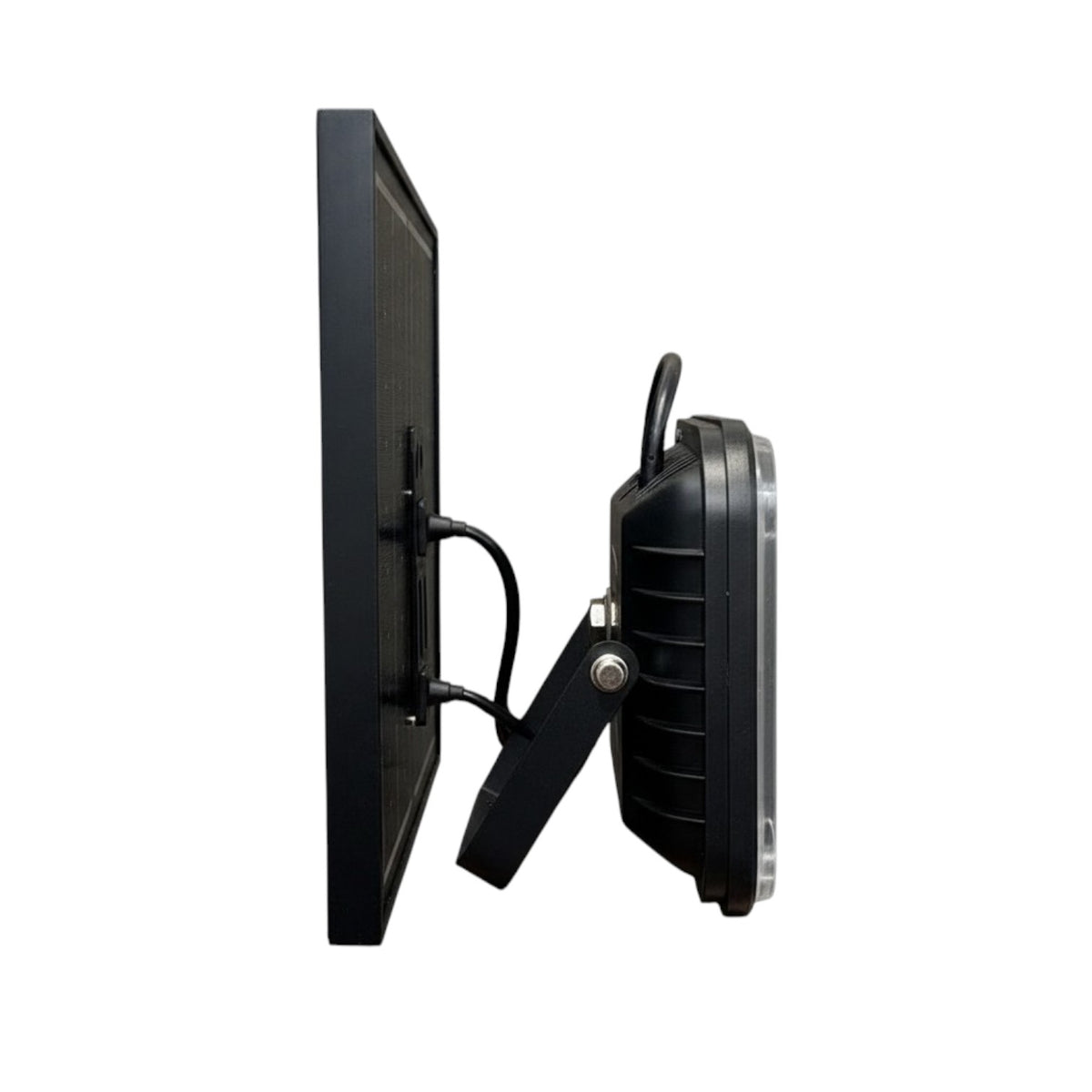 A black solar-powered LED light bar with an adjustable mounting bracket and attached power cable, shown in profile against a plain white background.