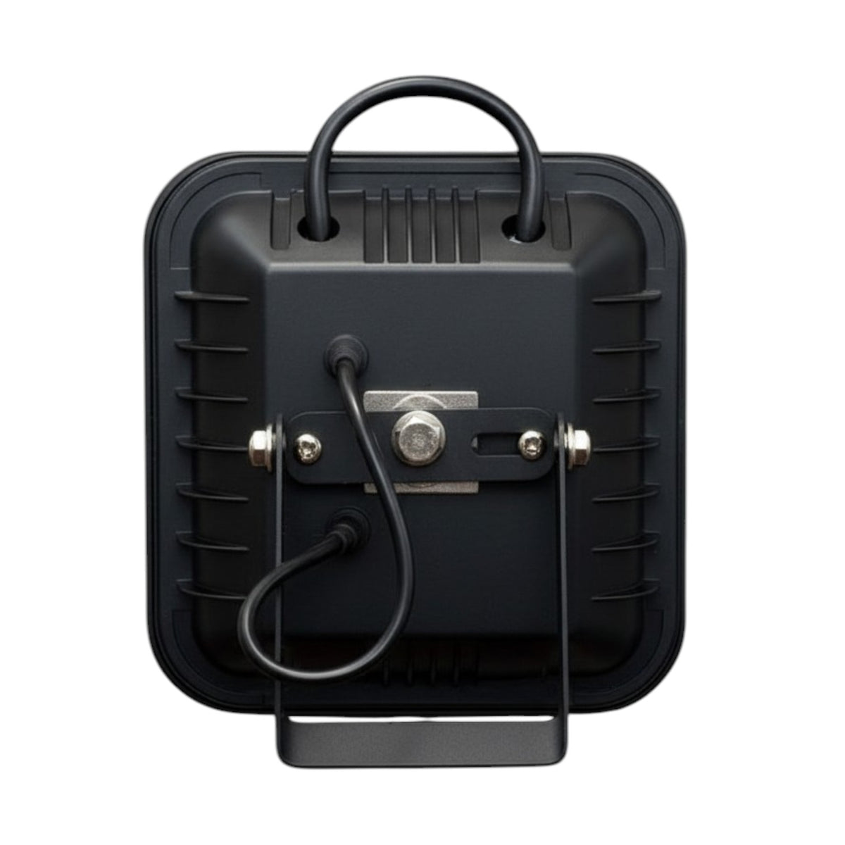 The back view of a black square portable light with a carrying handle, power cord, and mounting bracket, shown on a plain white background.