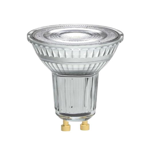 A clear glass GU10 LED spotlight bulb with a ribbed glass reflector and two gold metal contact pins at the base, shown on a plain white background.