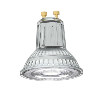 A clear glass GU10 LED spotlight bulb with a ribbed reflective interior and two gold metal contact pins at the top, shown on a plain white background.