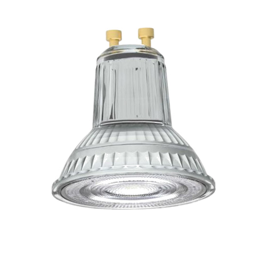 A clear glass GU10 LED spotlight bulb with a ribbed reflective interior and two gold metal contact pins at the top, shown on a plain white background.