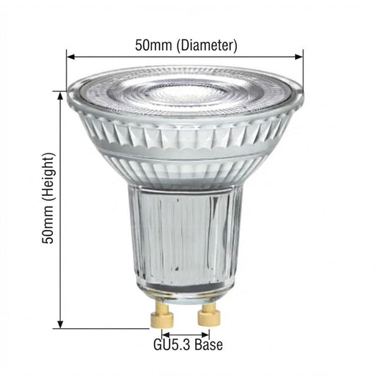 A clear glass GU5.3 LED spotlight bulb with dimension annotations showing a 50mm diameter and 50mm height, on a plain white background.
