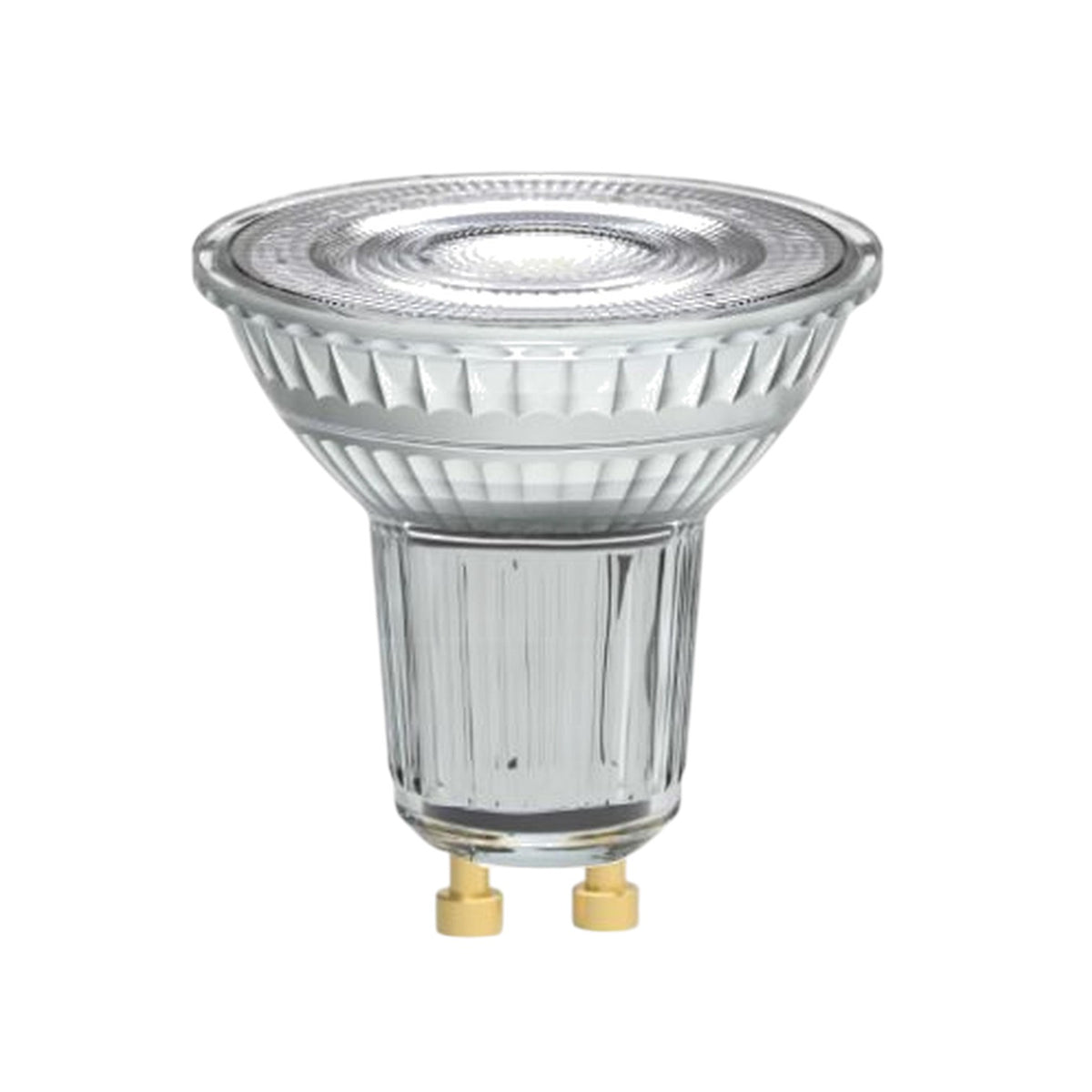 A clear glass GU10 LED spotlight bulb with a ribbed glass reflector and two gold metal contact pins at the base, shown on a plain white background.