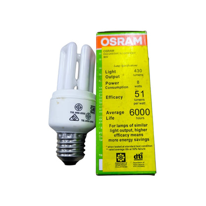 An OSRAM compact fluorescent light bulb with an eScrew base shown next to its yellow and green retail packaging box on a white background.