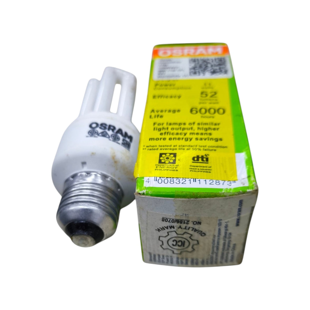 An OSRAM compact fluorescent light bulb with a white U-shaped tube and silver screw base, shown next to its yellow and green retail box on a white background.