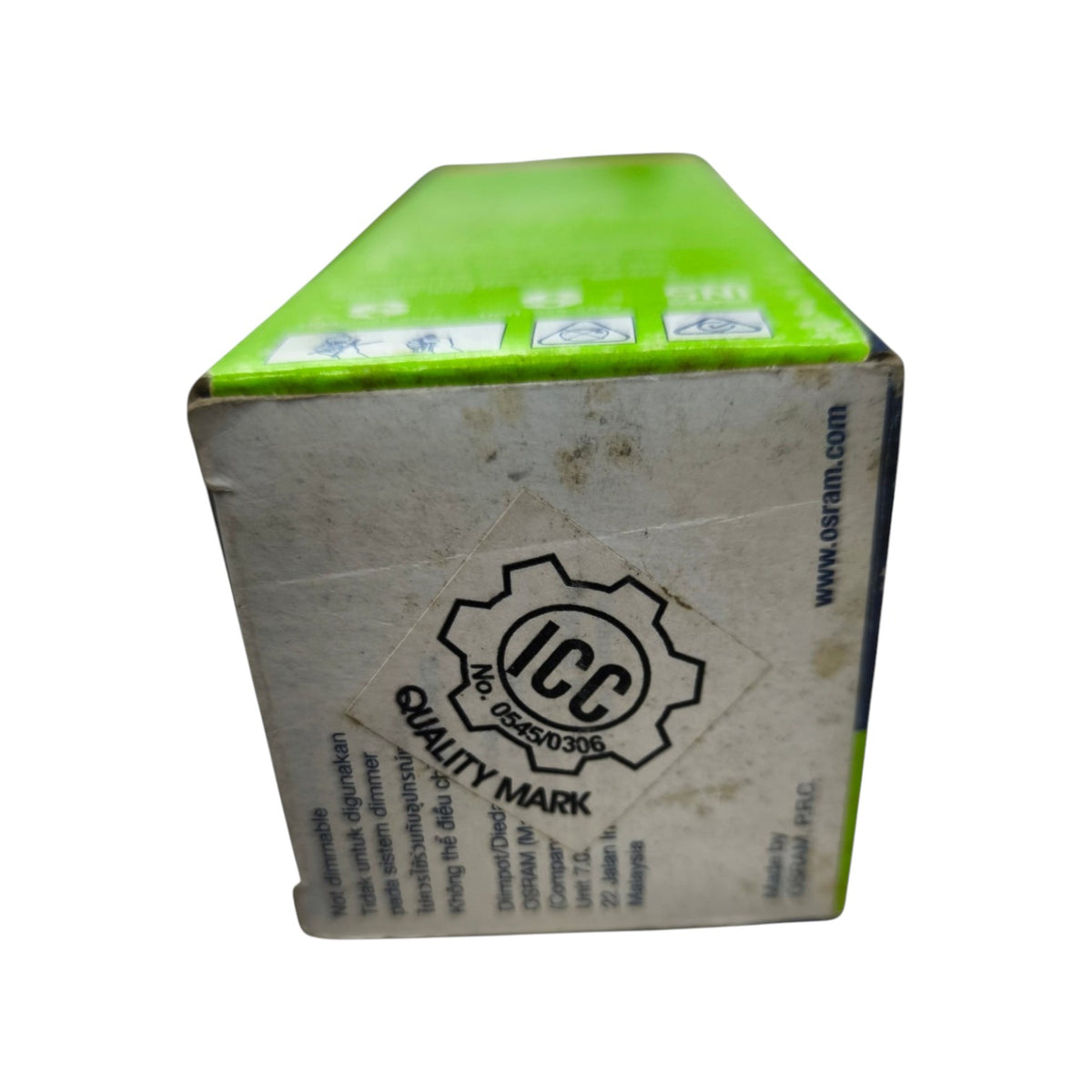 A green and white cardboard box with an ICC Quality Mark logo printed on the side, photographed against a plain white background.