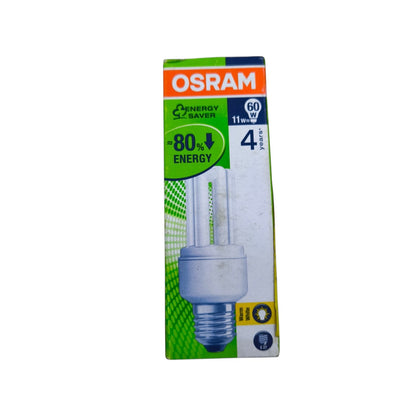 OSRAM Energy Baeyer compact fluorescent light bulb in its original retail packaging, featuring a 11W 4-year bulb on a white, green, and blue box.