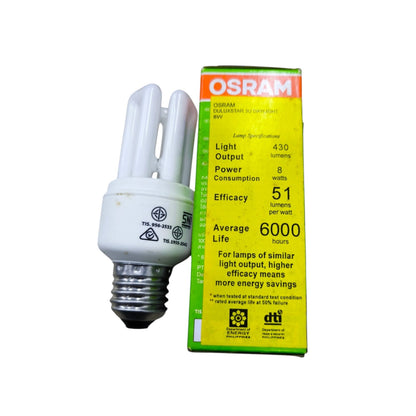 An OSRAM CFL compact fluorescent light bulb next to its yellow and green retail packaging box, shown on a plain white background.