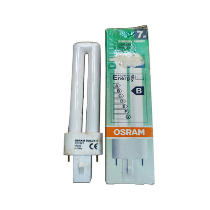 A U-shaped CFL light bulb next to its green and orange OSRAM retail box on a plain white background.