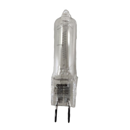 A clear glass G4 lamp with a white ceramic base and two metal pins, featuring printed text including 'OSRAM'.