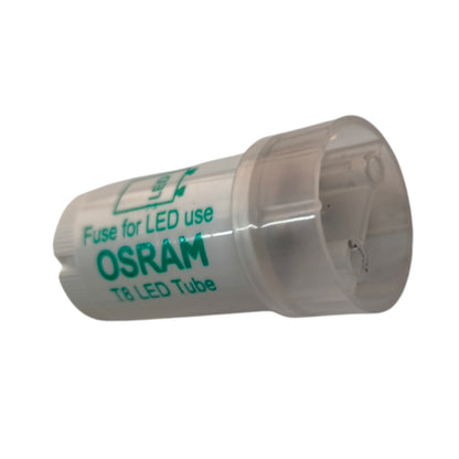 A clear plastic OSRAM T8 LED tube fuse with green printed text on a white background.