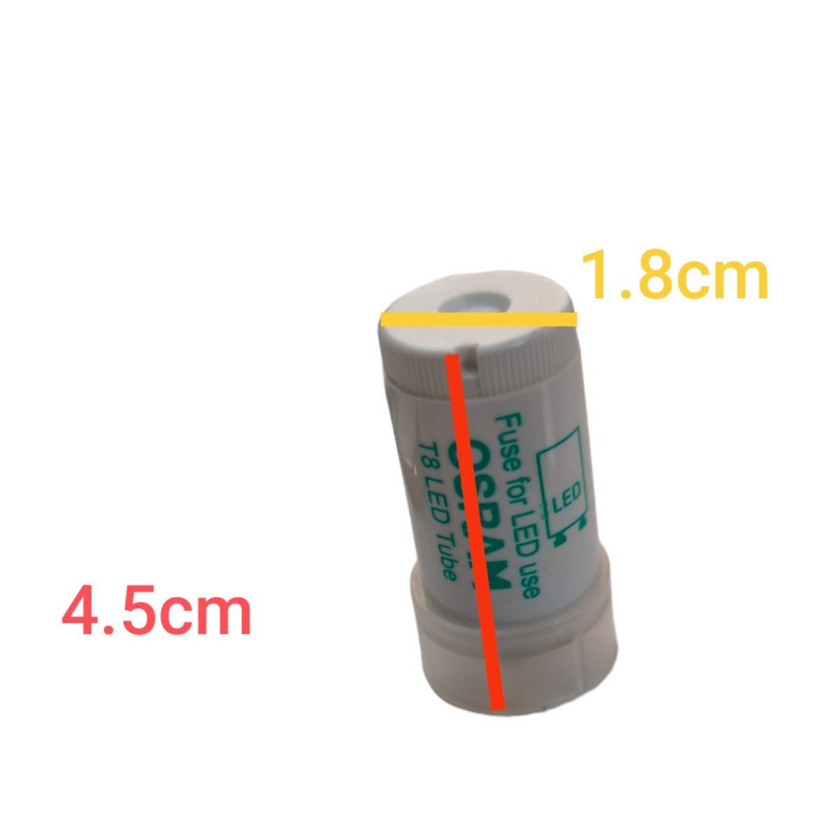 A cylindrical LED fuse tube with dimension overlays showing a height of 4.5cm, a width of 1.