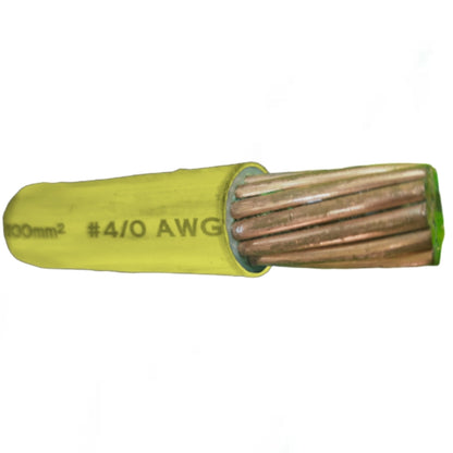 Wire with yellow insulation and copper core on a white background