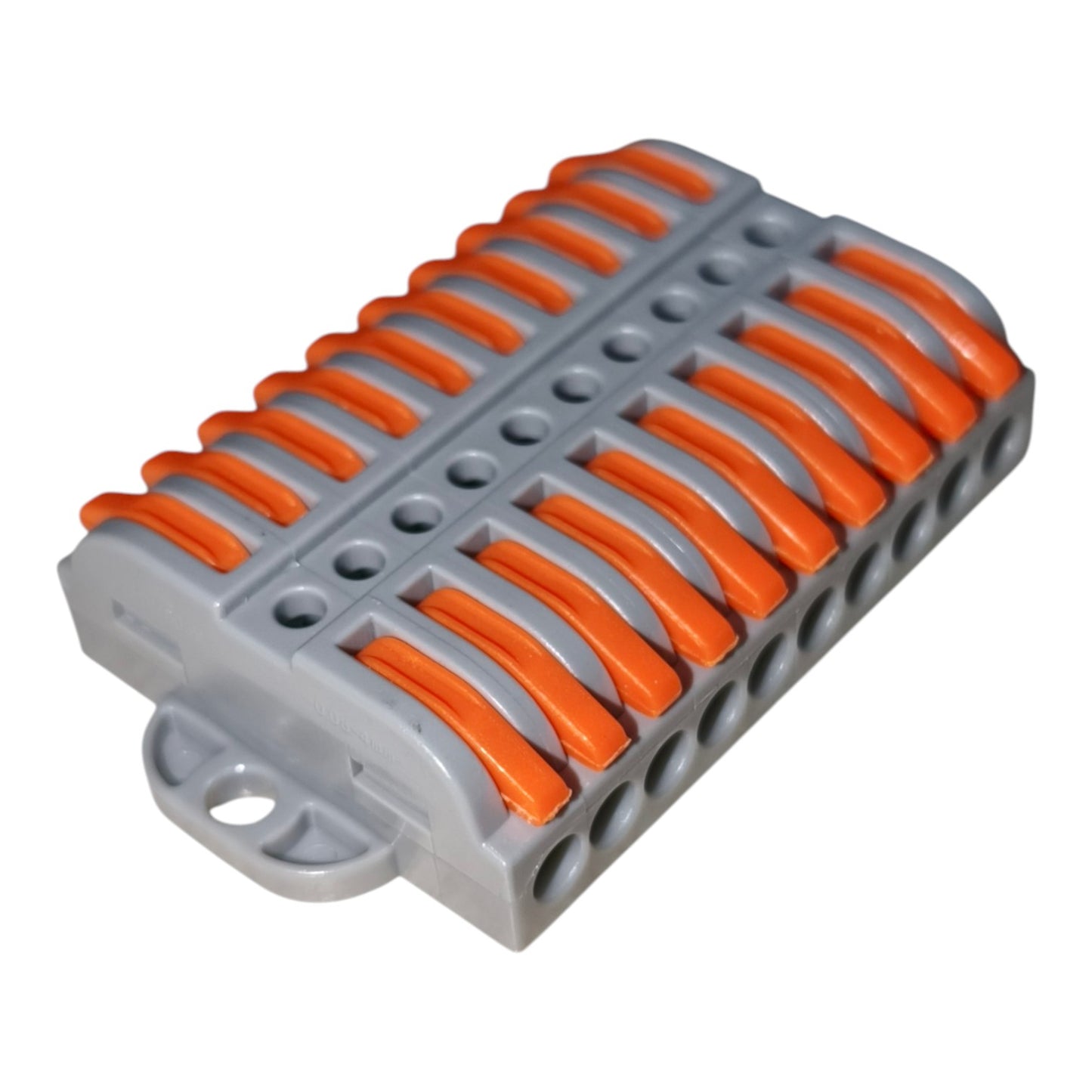 Gray and orange plastic connector on a white background