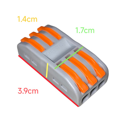 Close-up of a gray and orange electrical connector with measurements indicated.