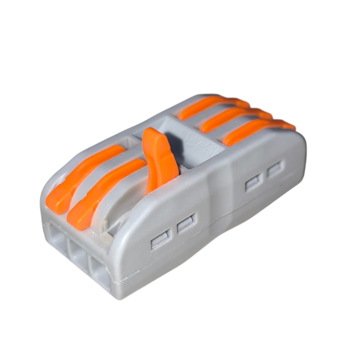Gray and orange electrical connector on a white background