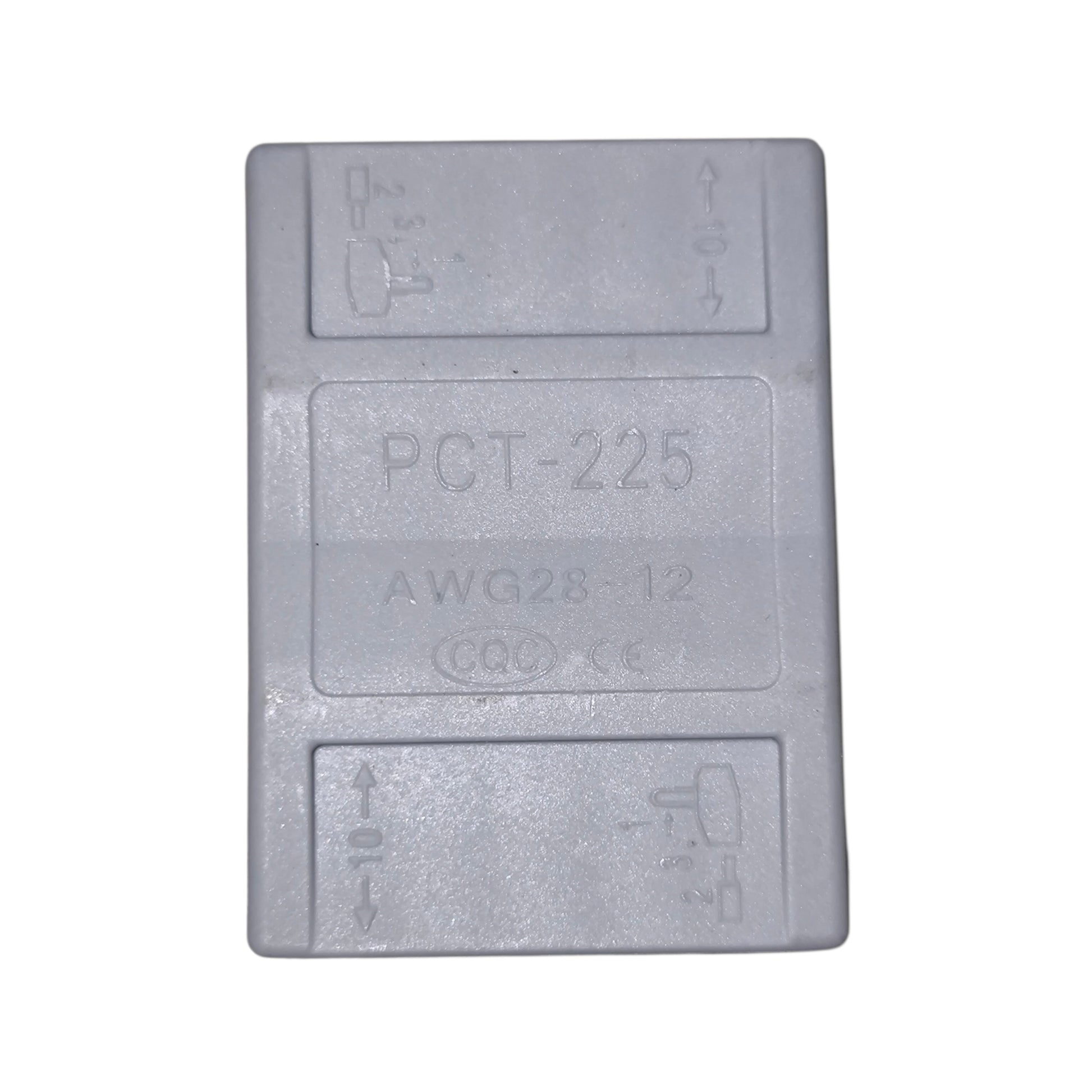 Gray rectangular component with text and symbols on a white background