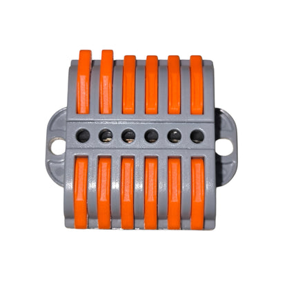 Electronic component with orange and gray design on a white background
