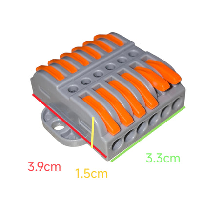 Gray and orange plastic connector with measurements on a white background