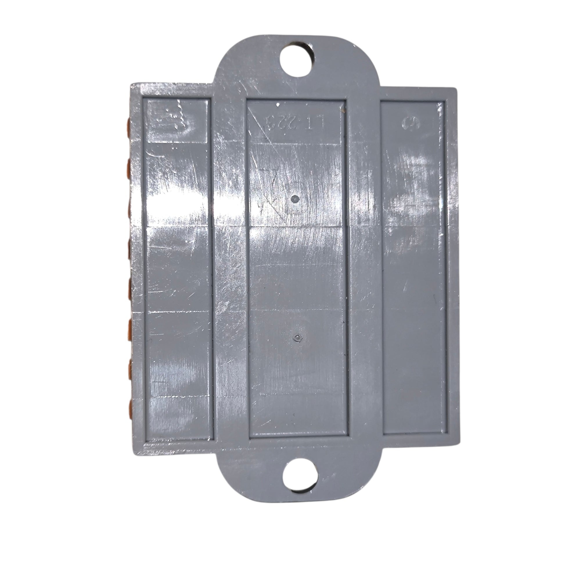 Metallic rectangular object with rounded edges on a white background