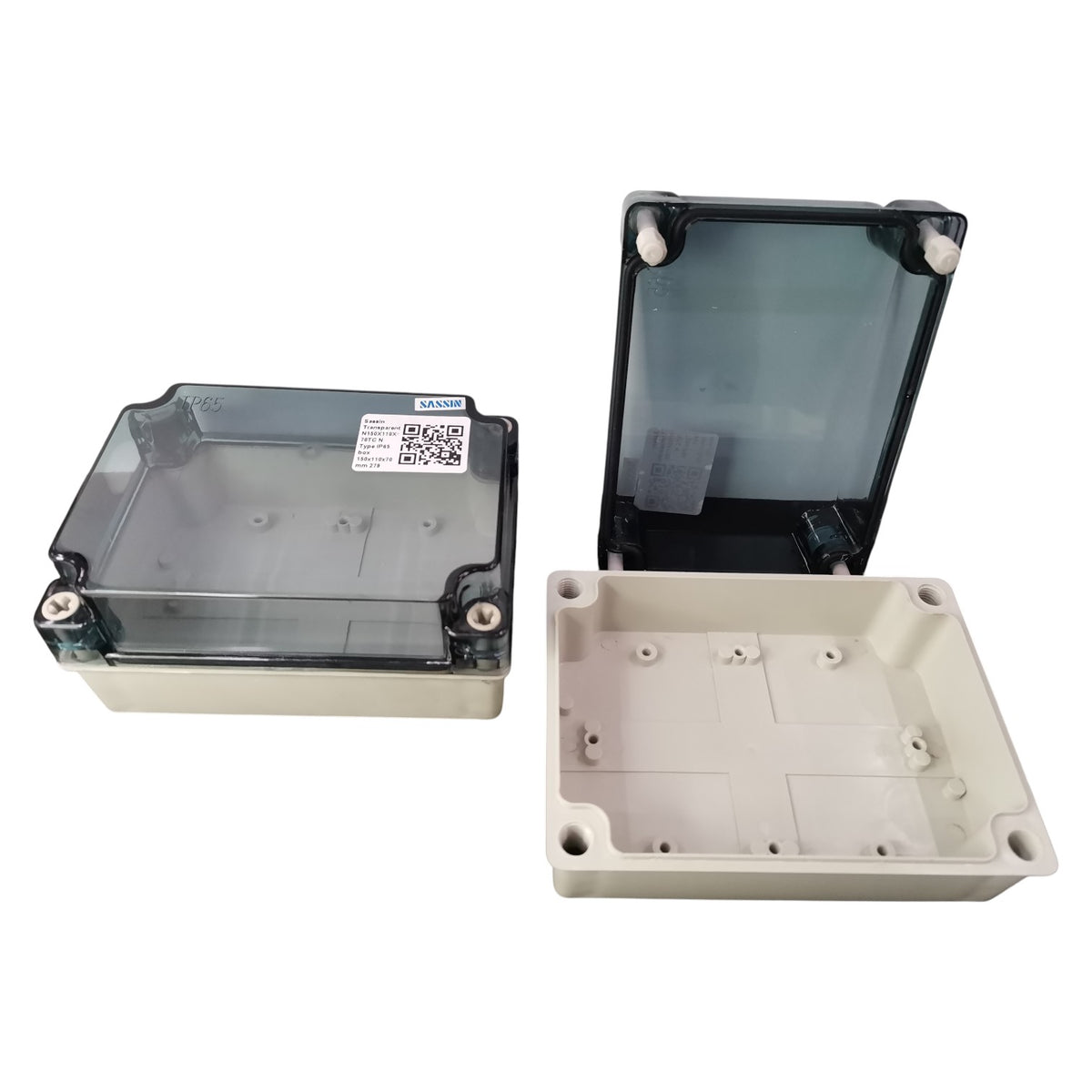 Three electronic enclosures of different sizes on a white background