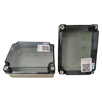 Two transparent electronic boxes with QR codes on a white background