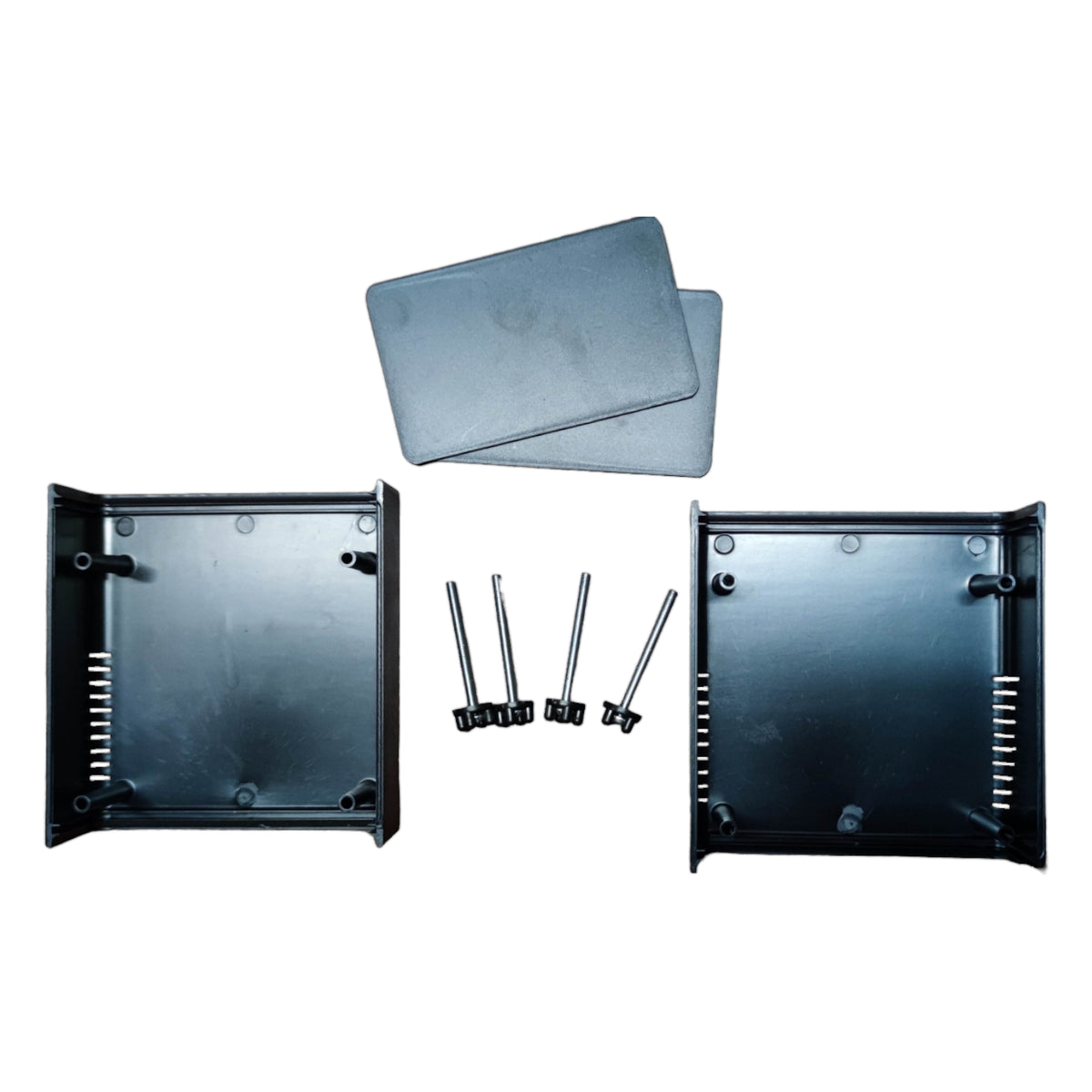 Two black PVC boxes for wiring and assembly with covers and screws included