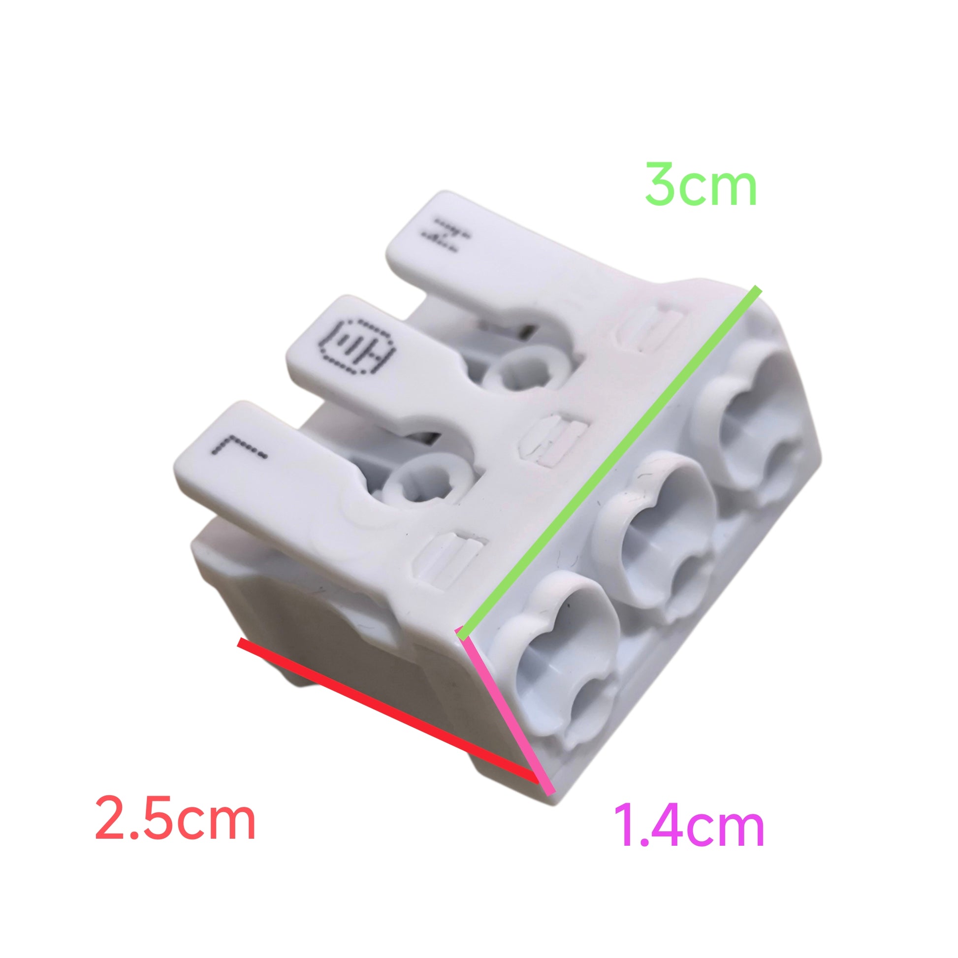 White plastic brick with measurements on a white background