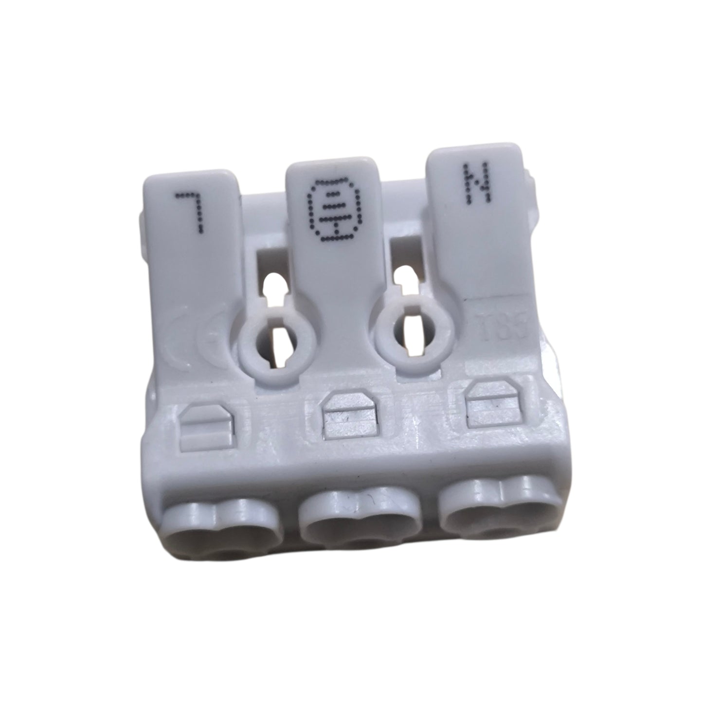 Gray plastic connector with multiple slots on a white background