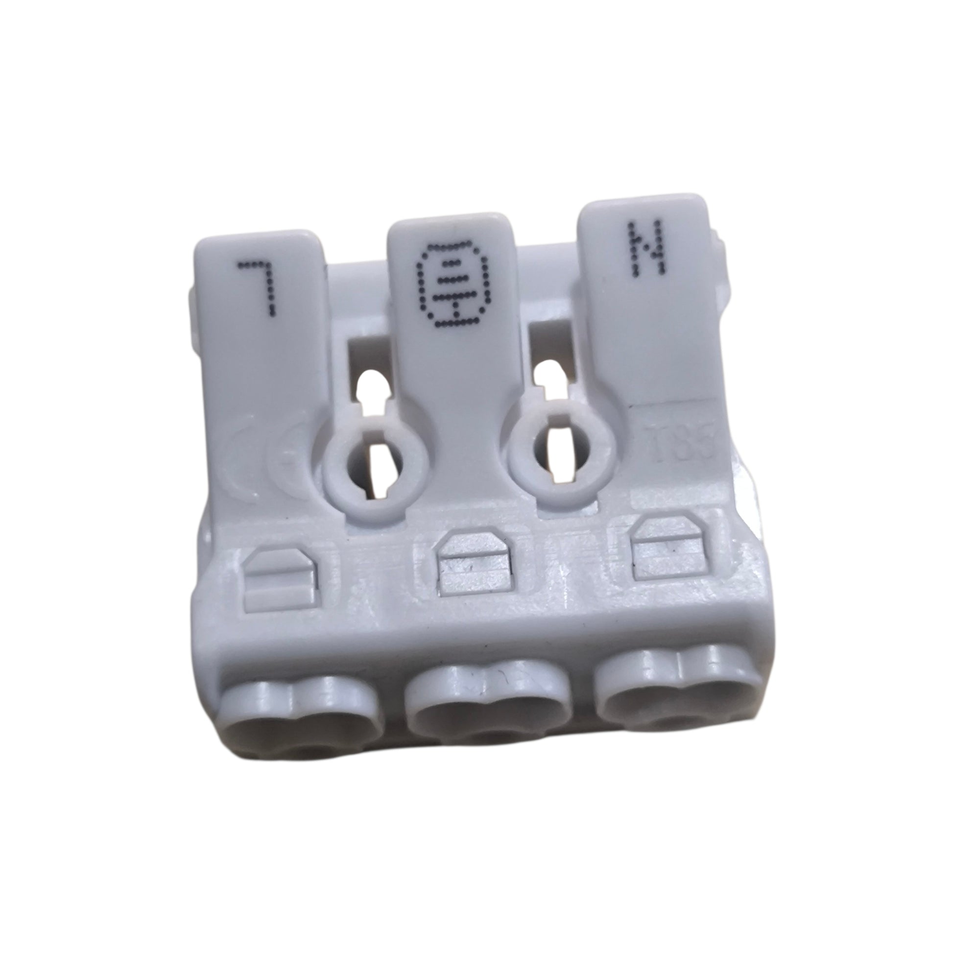 Gray plastic connector with multiple slots on a white background