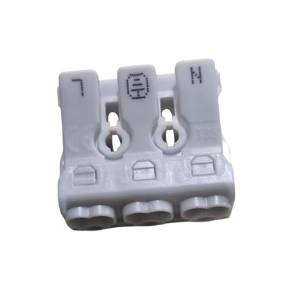 Gray plastic connector with multiple slots on a white background