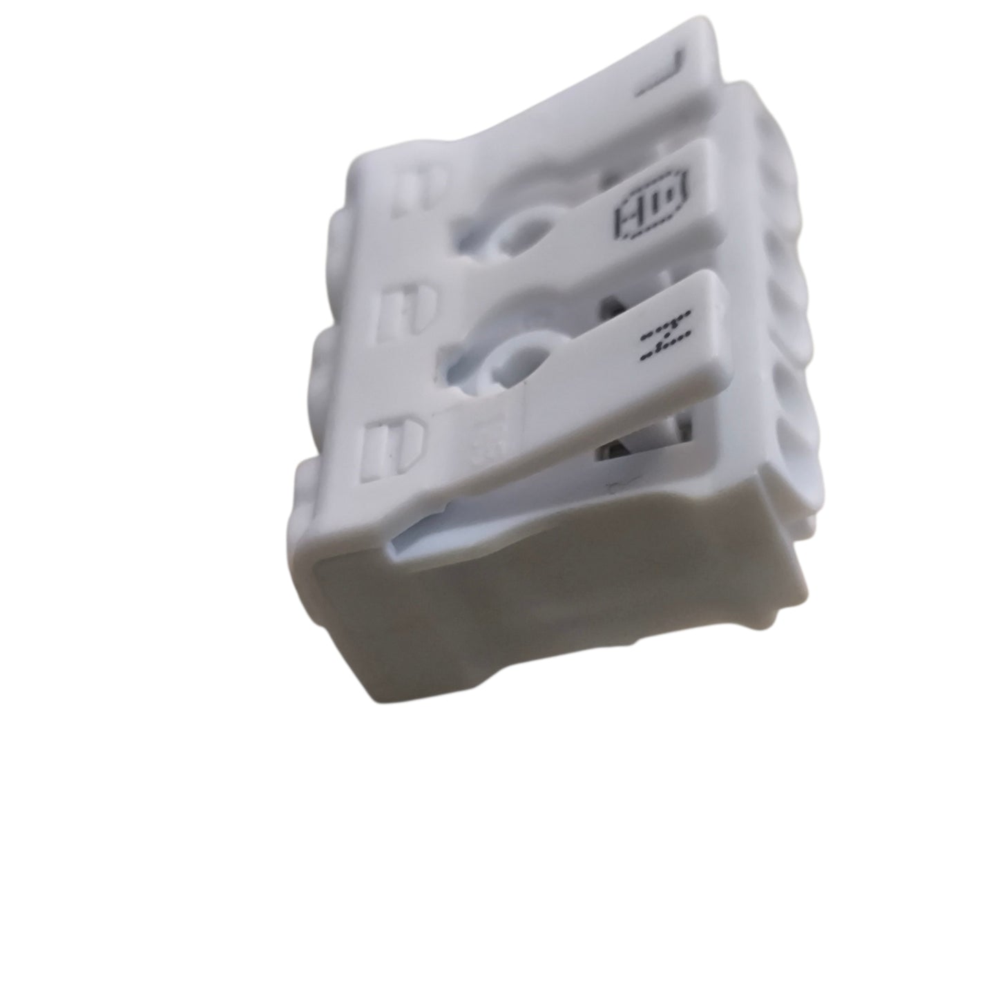 White plastic component with multiple slots on a white background