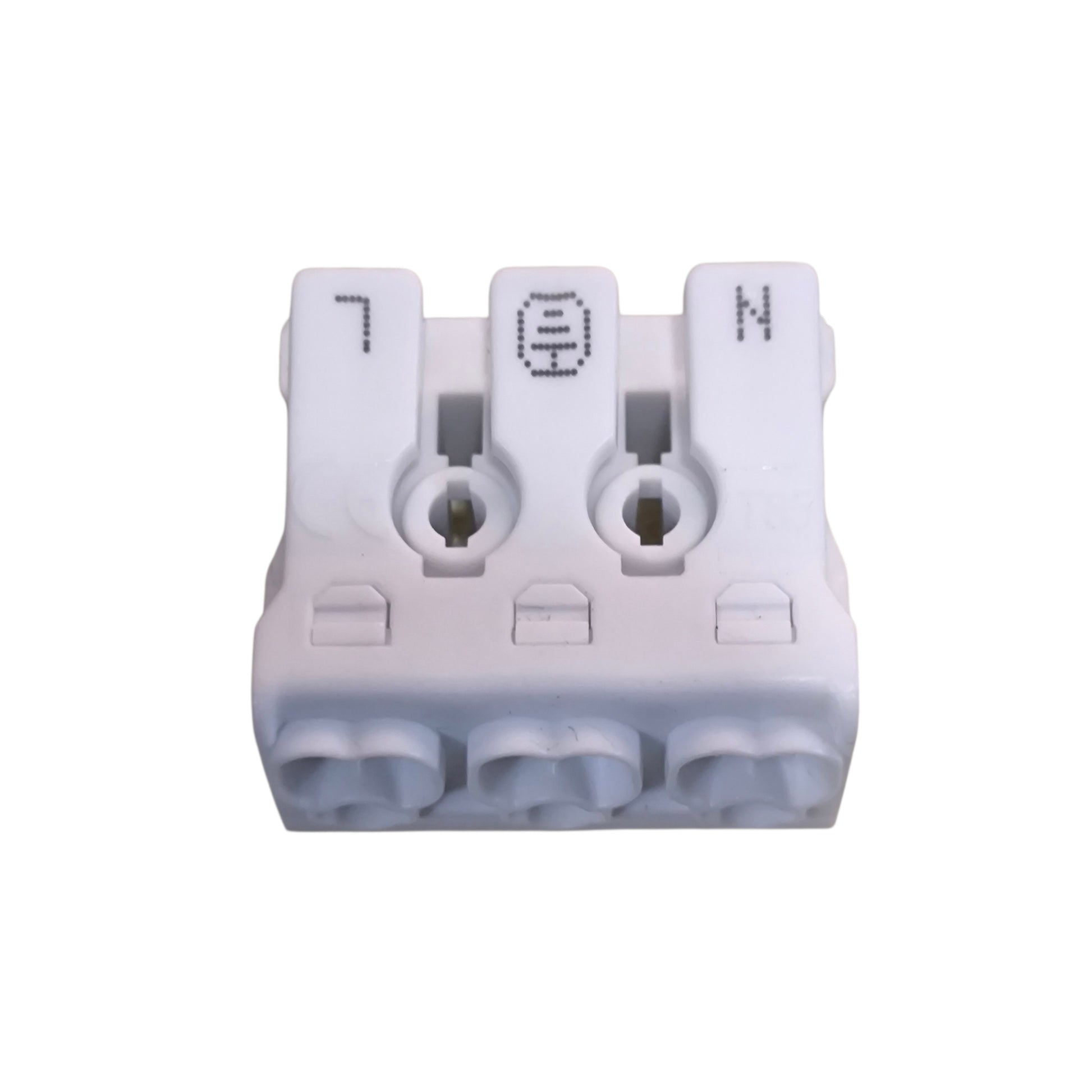 White electrical connector with labeled terminals on a white background