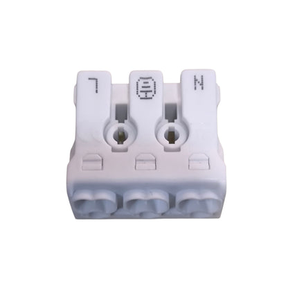 White electrical connector with labeled terminals on a white background