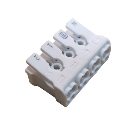 White plastic connector with multiple slots on a white background