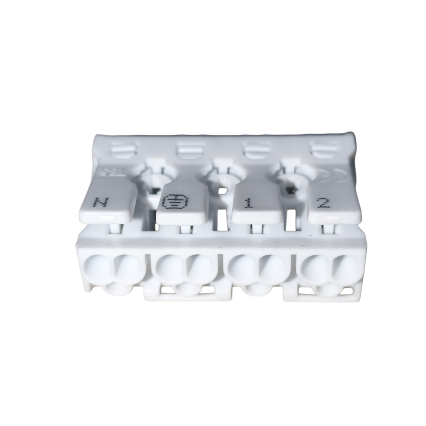 White plastic electrical connector with labeled terminals on a white background