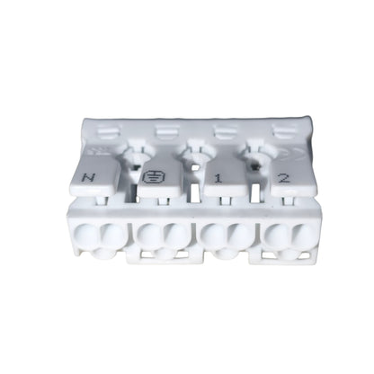 White plastic electrical connector with labeled terminals on a white background