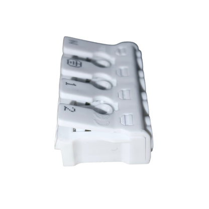 White plastic component with multiple cutouts on a white background