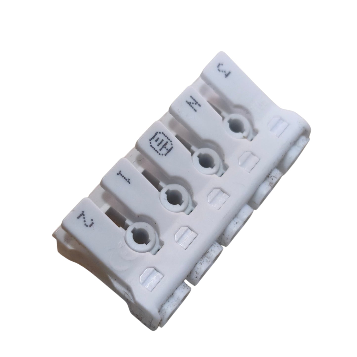 White plastic component with multiple holes on a white background
