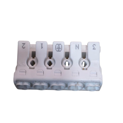 White electrical connector with numbered slots on a white background