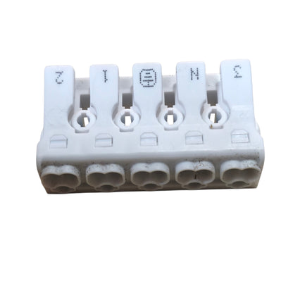 White electrical connector with numbered slots on a white background