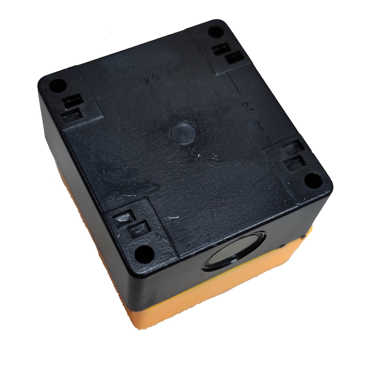 A square black plastic electrical junction box or terminal block with a yellow-orange base, shown on a plain white background.