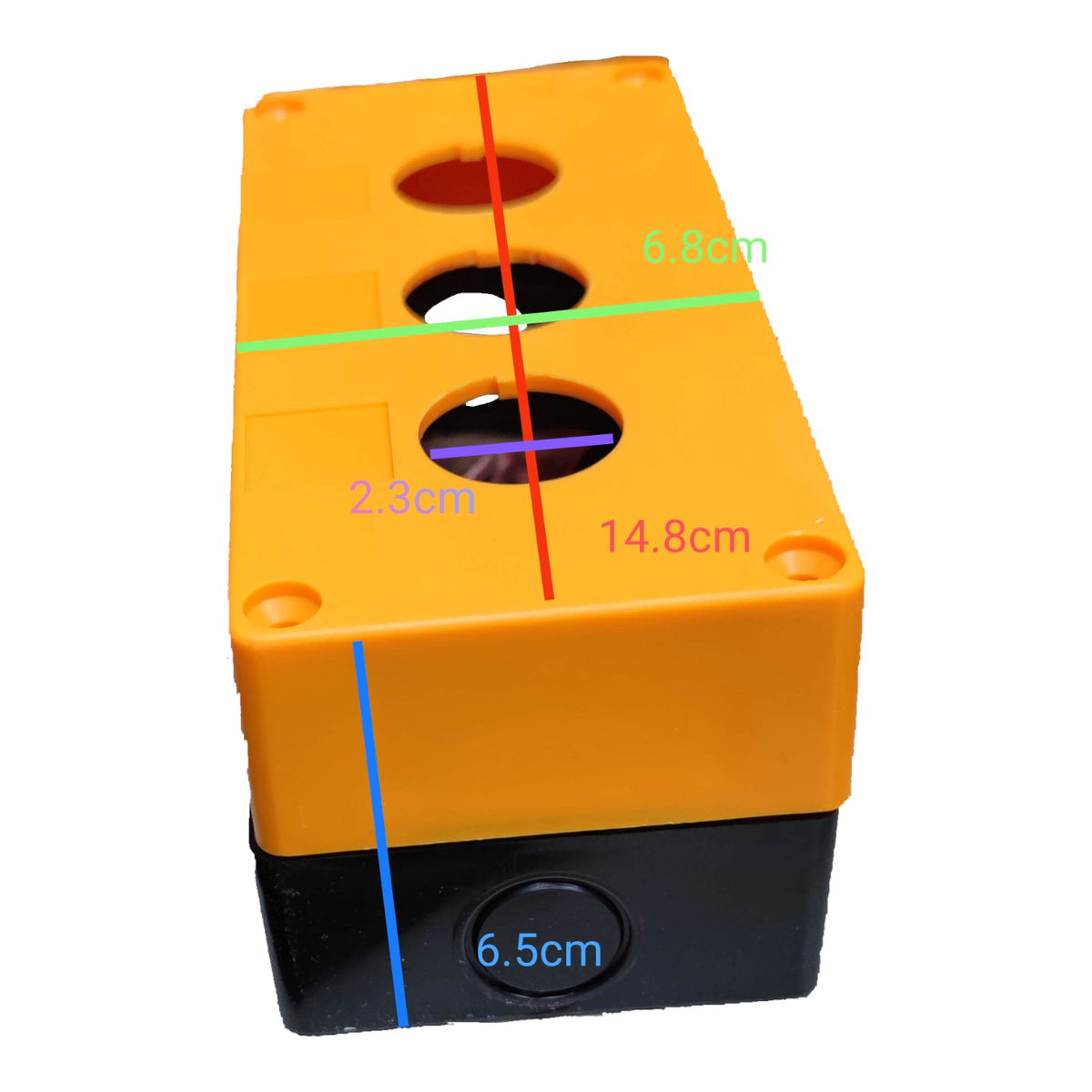 A yellow and black rectangular device with circular cutouts, shown with overlaid dimension lines and measurements in centimeters on a plain white background.