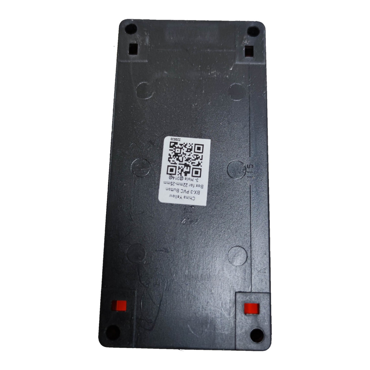 The back of a black plastic battery or power bank cover, featuring pre-drilled corners, circular cutouts, a white QR code label, and small red contact pads near the bottom corners, shown on a white background.