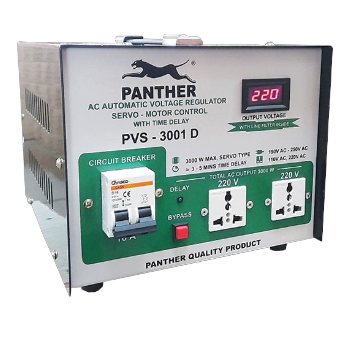 Panther 3000W Servo Motor AVR PVS30001D Automatic Voltage Regulator Input: 160V AC – 240V AC Output (+/- 2%): 100V AC, 110V AC & 220V AC x 3