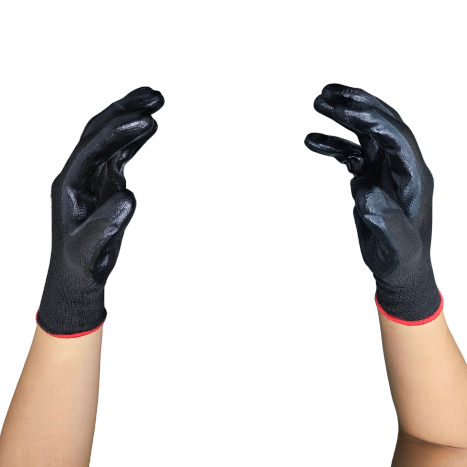 Black gloves with red cuffs on a white background Pair Insulated Short Sleeve Gloves Spandex with Rubber Coated Palm Side Electx Electrical Supply