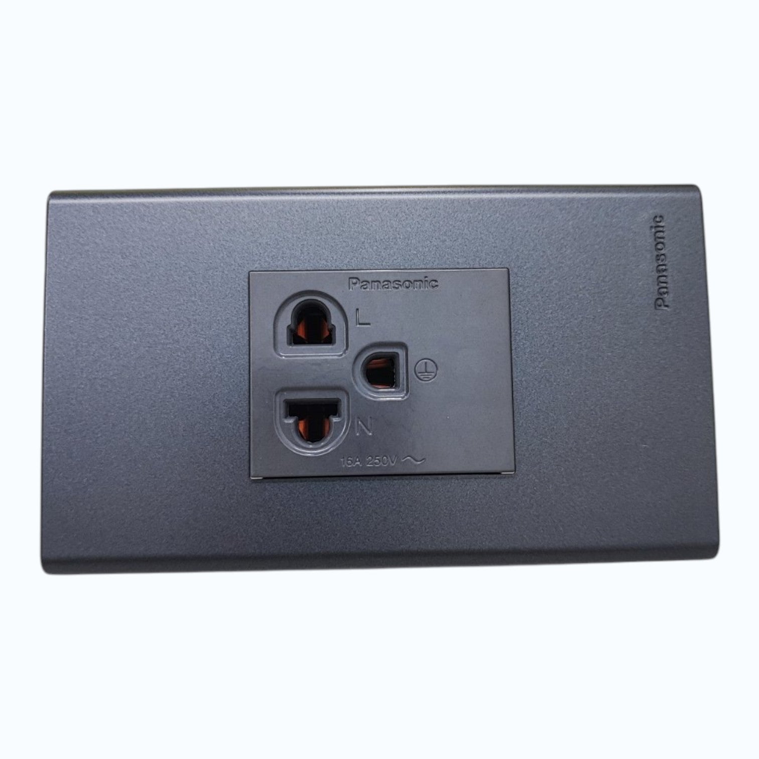 Panasonic 1-Gang Grounding Universal Outlet  16A, 250V AC Gray with Metallic Black Plate Cover
