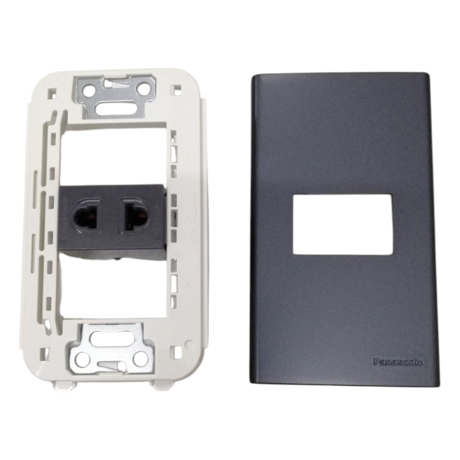 Panasonic 1-Gang  Universal Outlet Gray 16A 250V with Wide Color Refina Series Metallic Black Plate Cover WEG6801MB-1/WEG10919H-5