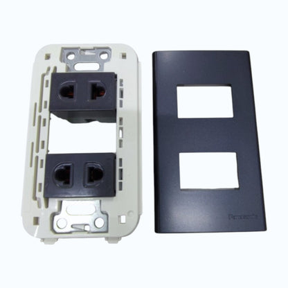 Panasonic 2-Gang Universal Outlet Gray 16A 250V with Wide Color Refina Series Metallic Black Plate Cover WEG6803MB-1/2XWEG10919H-5